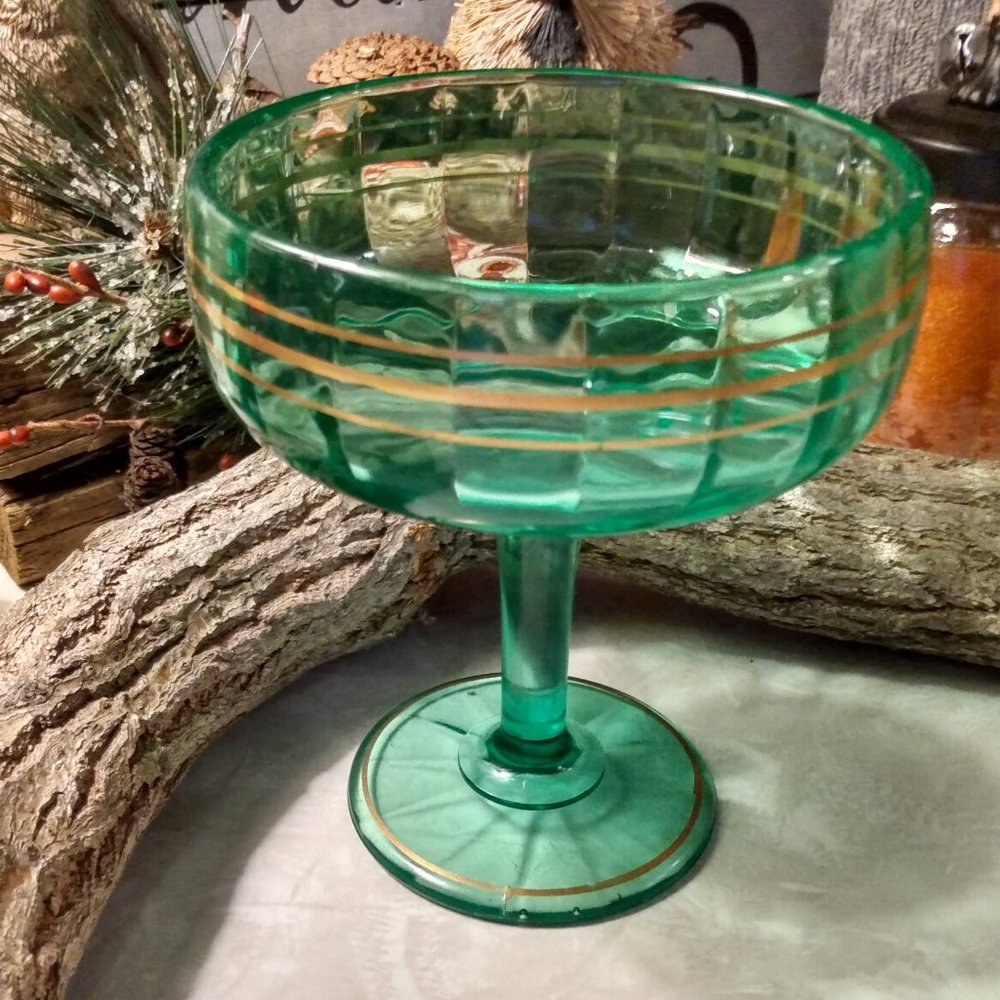 Vintage Green Depression Glass Pedestal Candy Dish Bowl